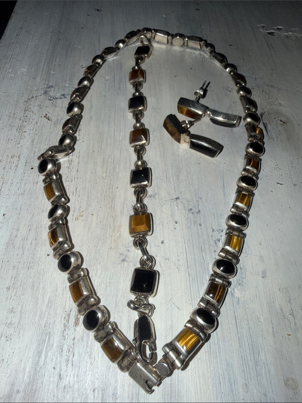 Sterling Silver jewelry set with tigers eye + onyx